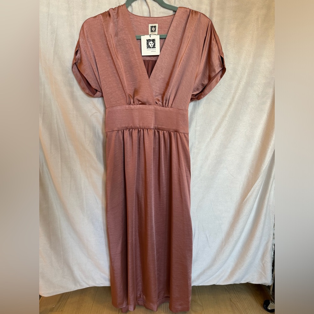 NWT Anne Klein Women's Pink Anise Washed Satin Tie Waist Midi A-Line Dress Sz 10